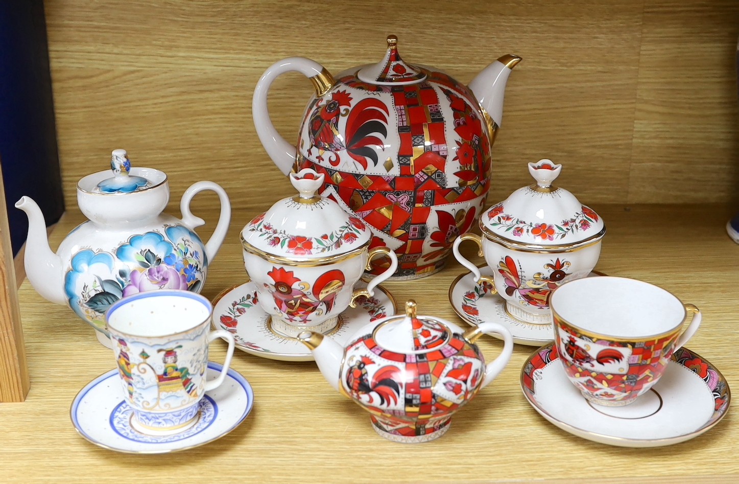 A group Russian Lomonosov teawares, 1990s, largest teapot 21cm high
